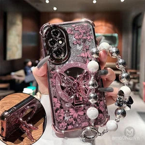 Ốp điện thoại cho Honor 300 200 90 70 Pro 200 Smart 90 Lite, vỏ silicon mềm có gương bướm lấp lánh và dây chuyền