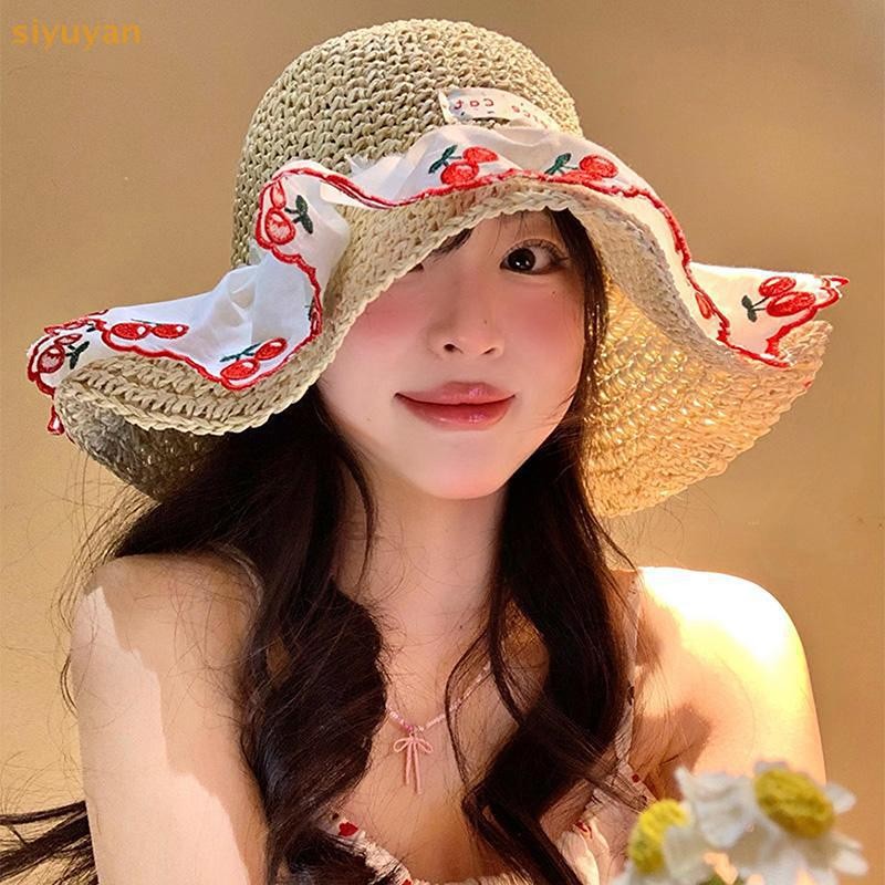 Siyuyan Ngọt Ngào Dễ Thương Anh Đào Ren Cạnh Mũ Rơm Cho Nữ Mùa Hè Rỗng Bên bờ Biển Kỳ Nghỉ Lớn Vành Che Nắng Mũ Chống Nắng Thời Trang VN