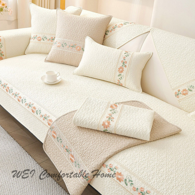 Đệm Sofa Cotton Nguyên Chất, Bọc Sofa Chống Trượt Tất Cả Các Mùa, Đệm Ghế Sofa Phong Cách Kem Mộc Mạc