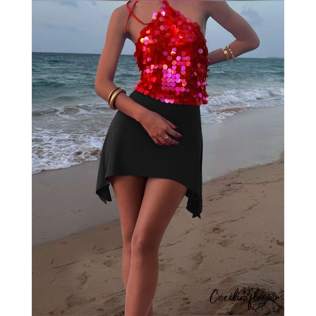 Áo Tank Nữ Sequins Buộc Dây Cổ Áo Vest Mùa Hè Không Tay Áo Dạo Phố
