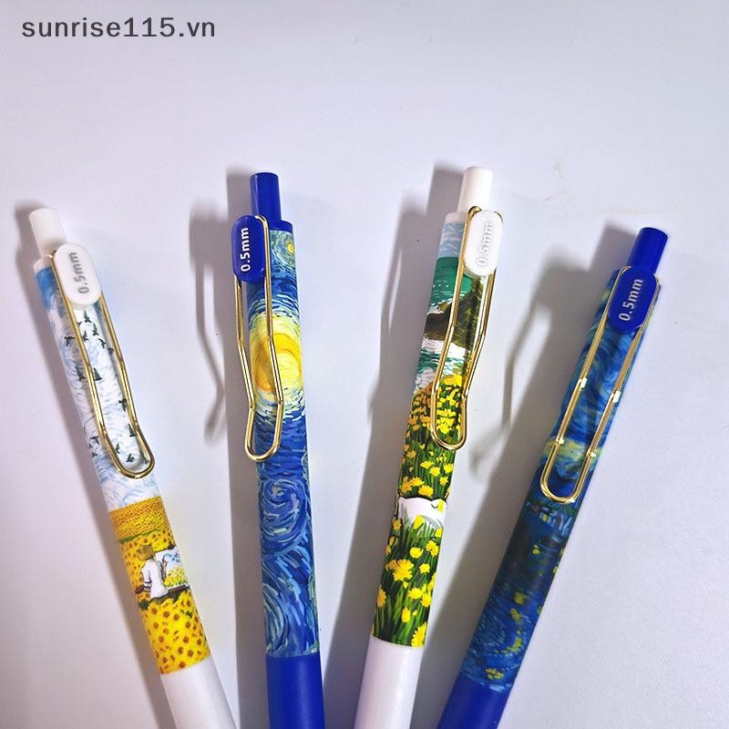 SRVN 4 Cái / hộp Hợp Thời Trang Van Gogh Tranh Sơn Dầu Báo Chí Bút Gel Mực Đen 0.5 Mm Bút Bi Văn Phòng Phẩm Bút Khô Nhanh Cho Học Sinh.