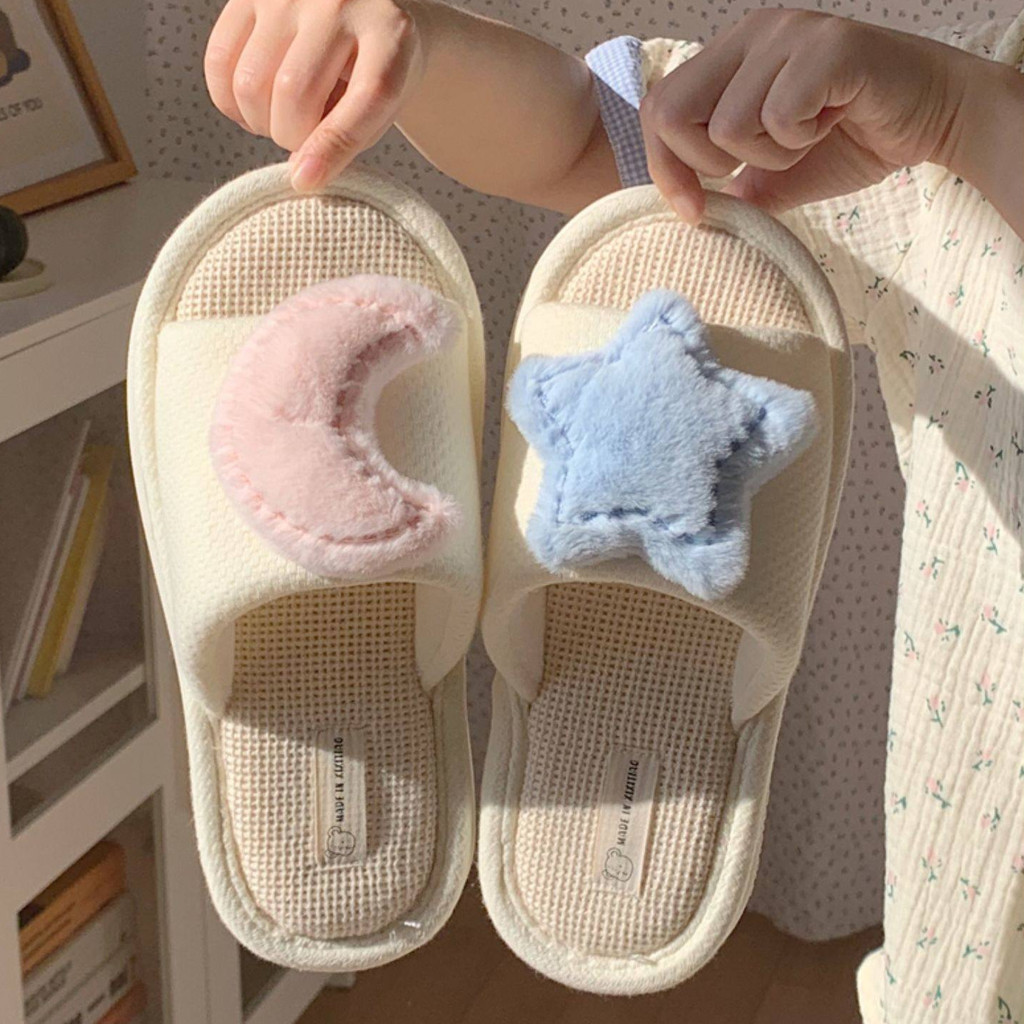 XIXITIAO Dép Nữ Bốn Mùa Trong Nhà Ngôi Sao Dễ Thương Mặt Trăng Vải Lanh Đế Mềm