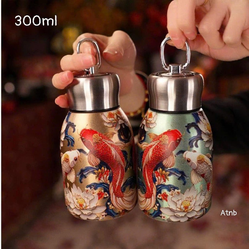 Bình Giữ Nhiệt Inox 316 Mini 300ml Vintage Hoạ Tiết Phong Cách Xứ Hoa Anh Đào Có Quai Xách