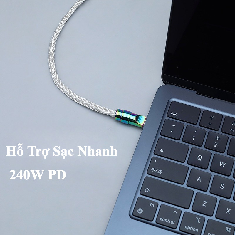 Cáp Sạc Nhanh Type C 240W 5A - Có Chip E-Marker - 8 Lõi Đồng Đơn Tinh - Bện Bền Bỉ - CarPlay - Bảo Hành 6 Tháng