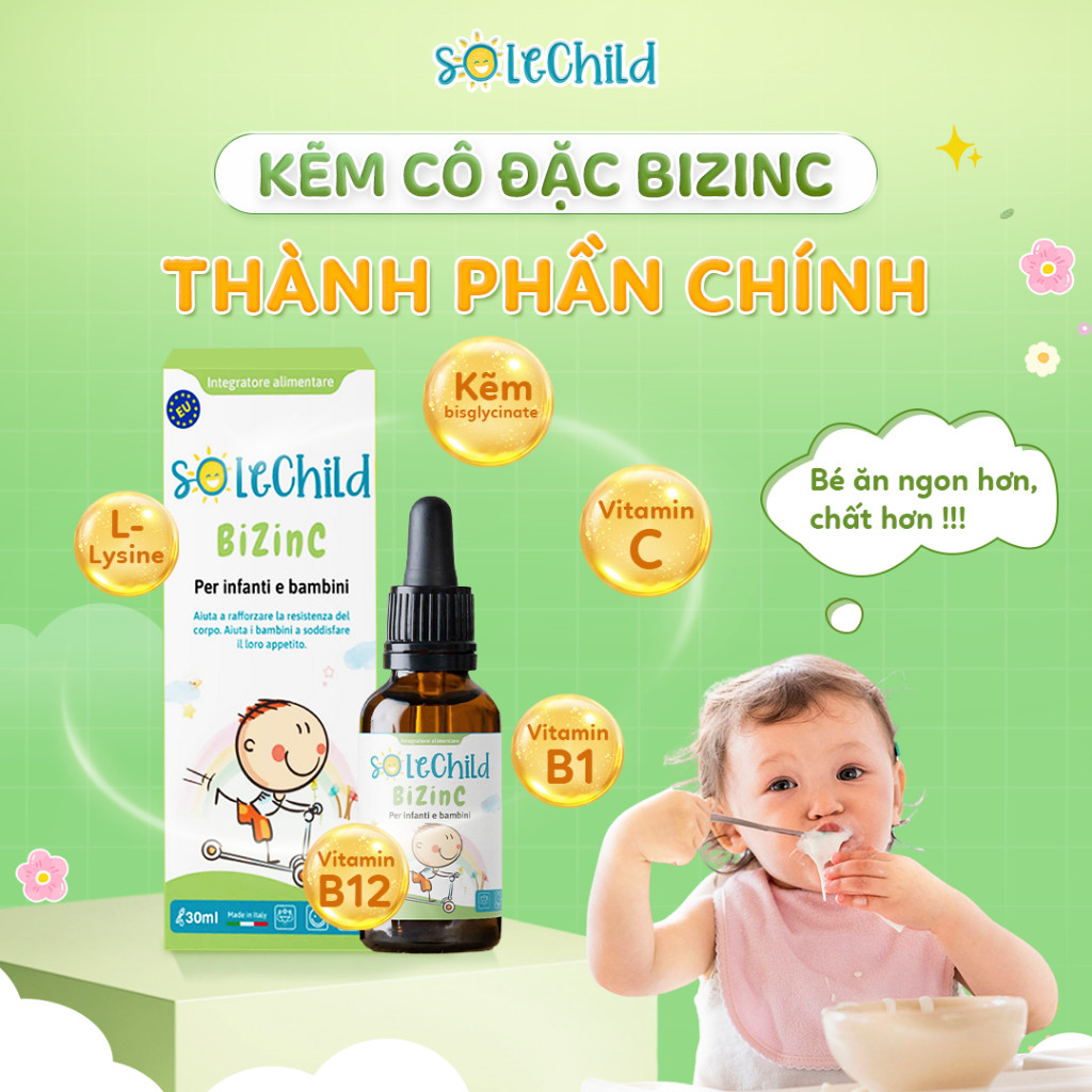 Kẽm Ăn Ngon Cho Bé SOLECHILD BiZinC 30ml Giúp Bé Ăn Nhiều Tăng Cân, Đề Kháng Khỏe, Giảm Ốm Vặt
