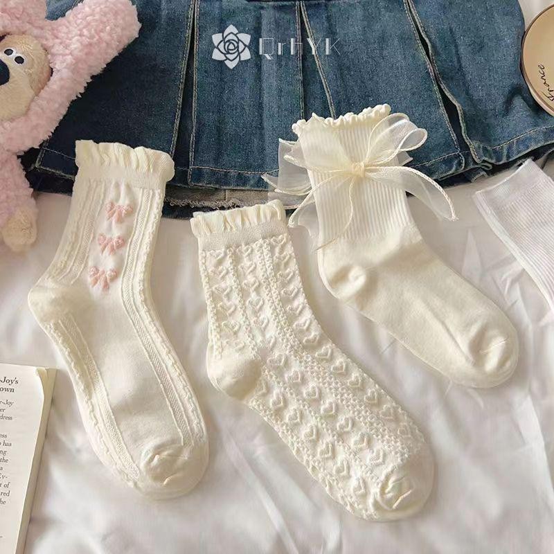 Qrhyk 1 Đôi Tất Gothic Nơ Giữa Ống Preppy Phong Cách Công Chúa Tất JK Dạo Phố Mới