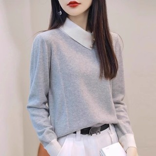 Màu Sắc Tương Phản Áo Len Dài Tay Top Nữ Thu Đông Áo Len Cao Cấp Mặc Ngoài Phong Cách Phương Tây Giảm Tuổi Ve Áo Đáy