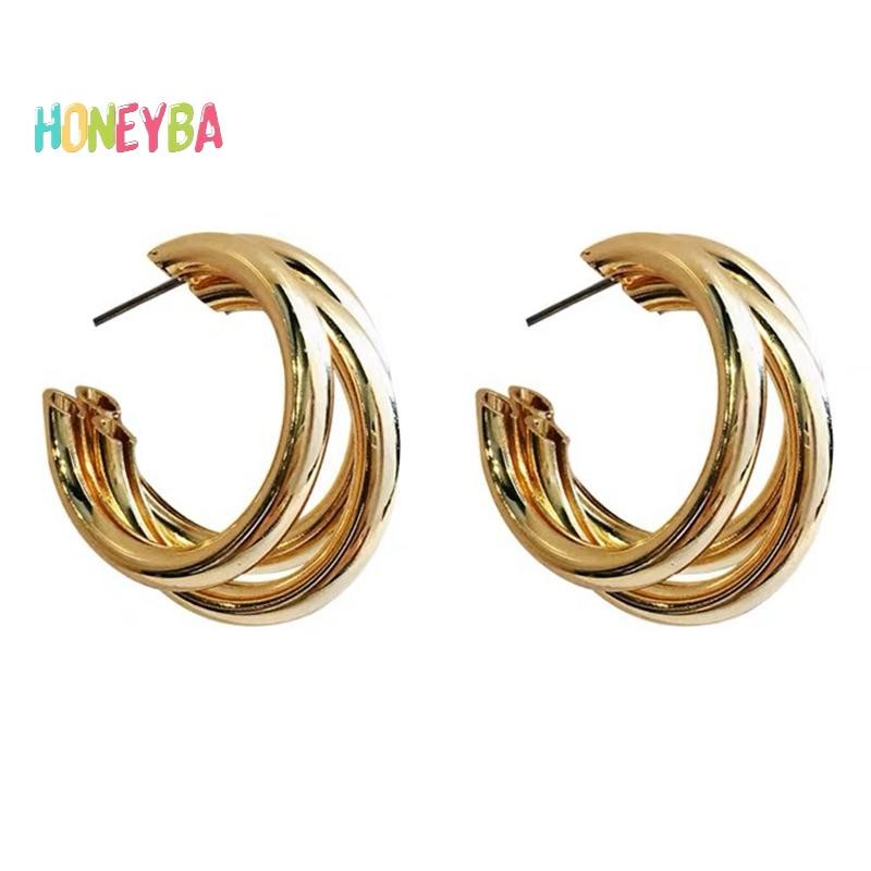 < Honeyba > 1 Đôi Bông Tai Bông Tai Hình Học Phóng Đại Kim Loại Cho Nữ Cô Gái Tính Khí Thời Trang Trang Trang Sức Dự Tiệc Phụ Kiện Đơn Giản