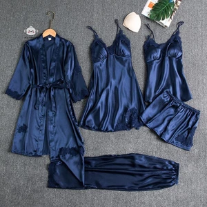 Maybest 5PC Áo choàng lụa Bộ đồ ngủ cho nữ Ren Satin Bộ đồ ngủ Bộ áo choàng cổ chữ V Cami Nighties Mặc Pijama Home Váy ngủ mùa xuân {VN}