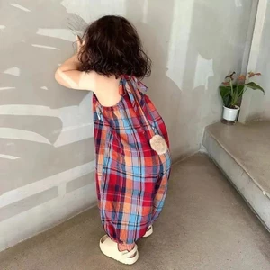 Áo liền quần kẻ sọc cho bé gái phong cách Hàn Quốc, mùa hè dễ thương với đuôi thỏ, quần yếm cho bé gái