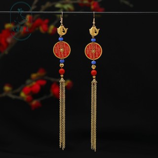 Ghgl❤️Ban Đầu Núi Ma Tiêu Tiền Đồng Xu Bông Tai Nữ Cổ Hanfu Dài Tua Rua Bông Tai Thiết Kế Niche Bông Tai Trung Quốc Mới