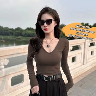 Phong Cách Mỹ Đức Nhung Nguyên Chất Desire Hot Girl Slim-fit Slimmer Nhìn Dài Tay Thiết Kế Mùa Thu 2024 Tất Cả Trận Đấu Đáy Áo Sơ Mi Nữ Top