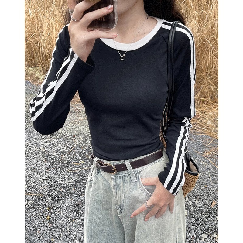 Milyfashion  Dralon American Striped Shoulder Long Sleeve Red T T-shirt round Neck Early Autumn Slim-Fitting New Bottoming Hot Girl Short Top