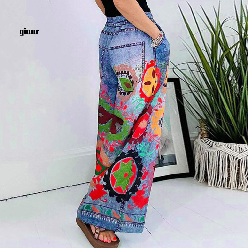 / Ty / Quần thắt lưng co giãn dây rút Quần in Denim có dây buộc Quần Denim ống rộng sành điệu có thắt lưng và túi dây rút Thiết kế in hình hợp thời trang dành cho nữ cho khu vực Đông Nam