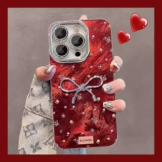 Phim Bảo Vệ Ống Kính Lấp Lánh 3D Nơ Hoa Đỏ Wrsit Dây Xích Ốp Lưng Điện Thoại iPhone 17Promax 16 Pro Max 11 12 13 14 15 Promax Nữ Vỏ Di Động