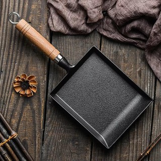 Chảo gang SOULSPACE Tamagoyaki tay cầm gỗ chống dính hình chữ nhật, dụng cụ nấu ăn trứng Nhật