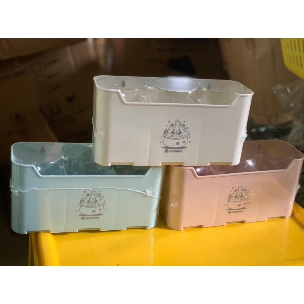Kệ để bàn chải, cốc và kem đánh răng 1347, Bộ cắm bàn chải 3 cốc - Nhựa Việt Nhật chính hãng