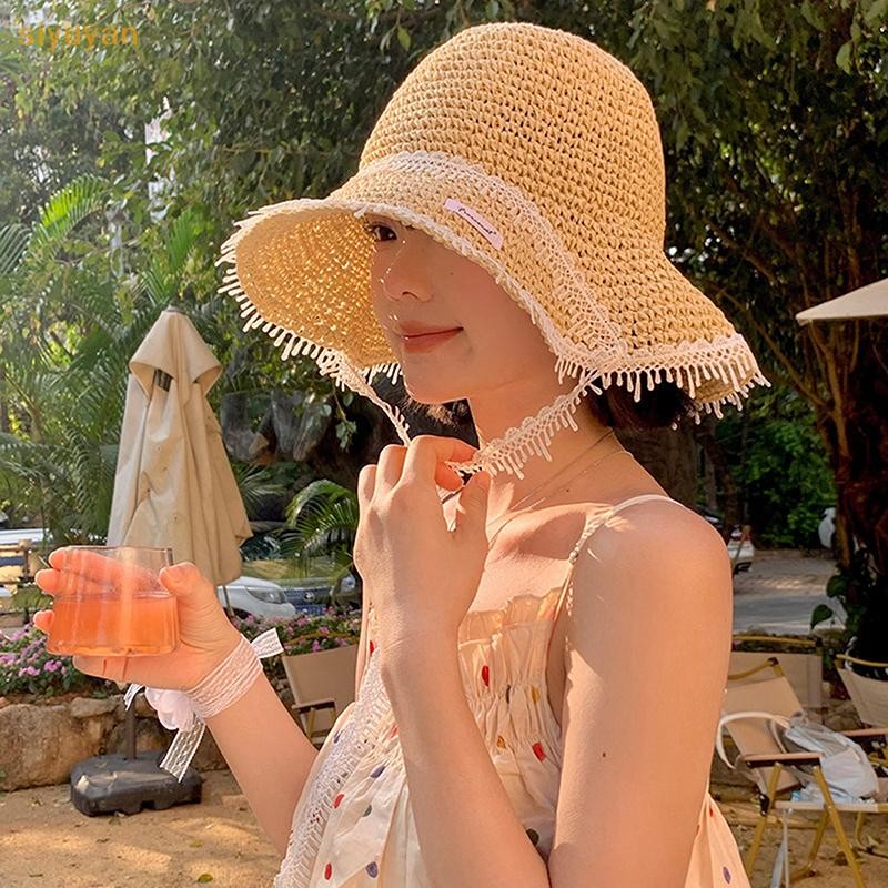 Siyuyan Ngọt Ngào Dễ Thương Anh Đào Ren Cạnh Mũ Rơm Cho Nữ Mùa Hè Rỗng Bên bờ Biển Kỳ Nghỉ Lớn Vành Che Nắng Mũ Chống Nắng Thời Trang VN
