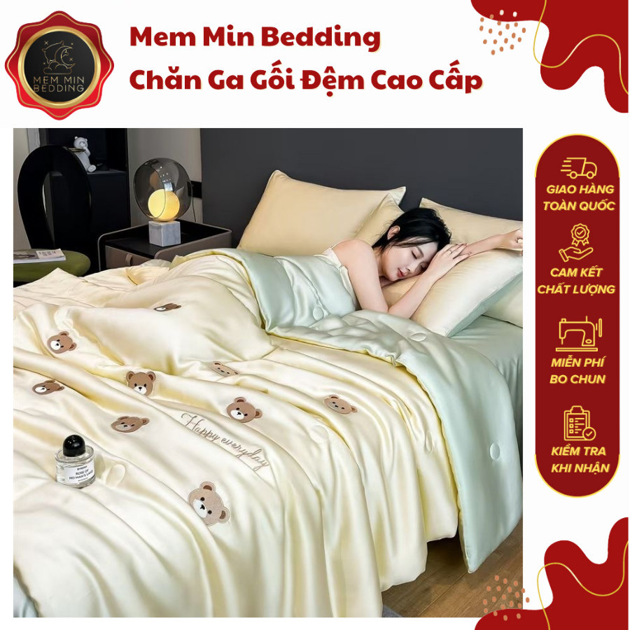 (ST727) Bộ Chăn Ga Gối Chất Liệu Phi Lụa Với Hình Thêu Nổi Bật Và Gam Màu Tươi Sáng - MemMinbedding Luxury