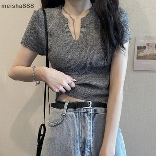 Meisha888 Mùa Hè Màu Trơn Cổ Chữ V Tay Ngắn Dệt Kim Áo Thun Nữ Slim Crop Top Đẹp