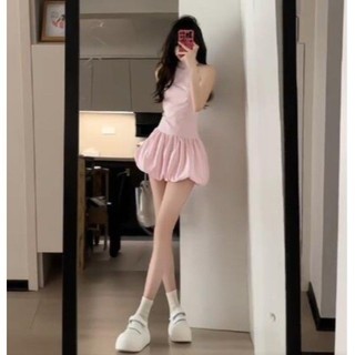 Đầm cổ yếm không tay màu hồng cho phụ nữ, mùa hè mới, đầm A-line phồng