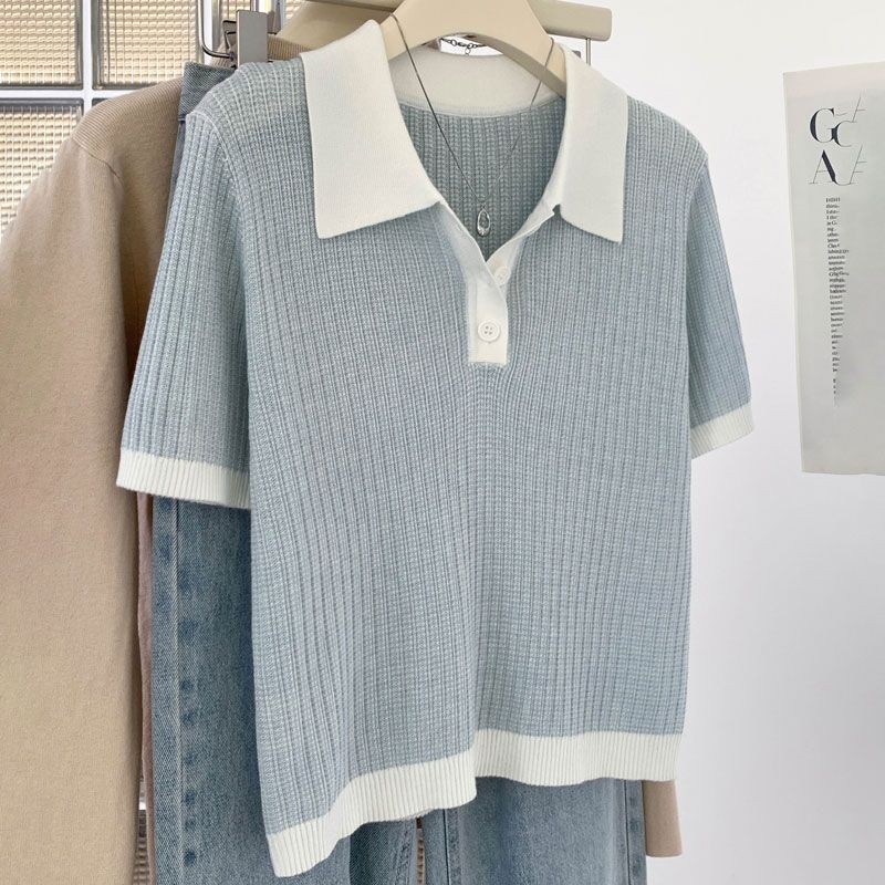 SUXI Áo sơ mi Polo đeo vai thẳng màu xanh đơn giản mới dành cho nữ mùa hè 250409