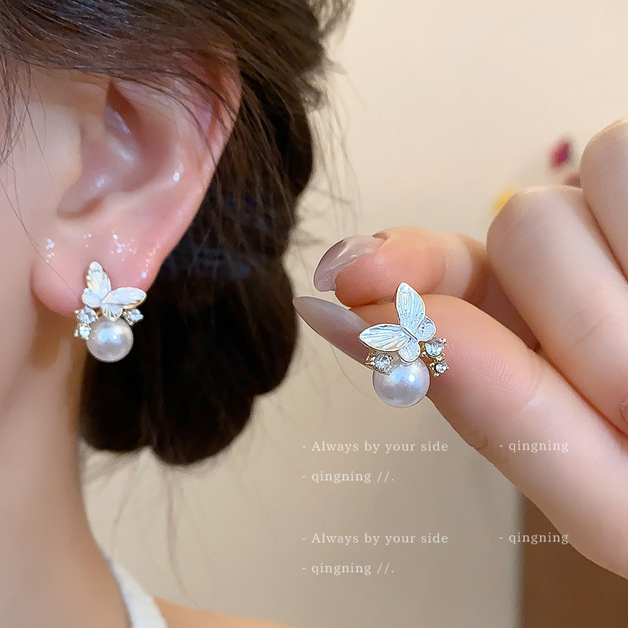 Bông Tai Thủ Công Bạc Dát Vàng với Kim Cương Nhỏ Giọt Hình Con Bướm và Ngọc Trai, Sang Trọng, Thích Hợp Cho Nữ