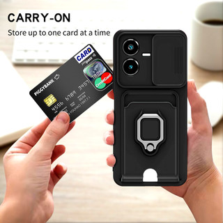 Dành Cho Vivo Y22s / Y22 4G Ốp Lưng 4 Trong 1 Trượt Camera Bao Đựng Thẻ Đứng Vuông Freebie Dây Chống Sốc Chống Rơi Mỏng Mềm TPU Cover