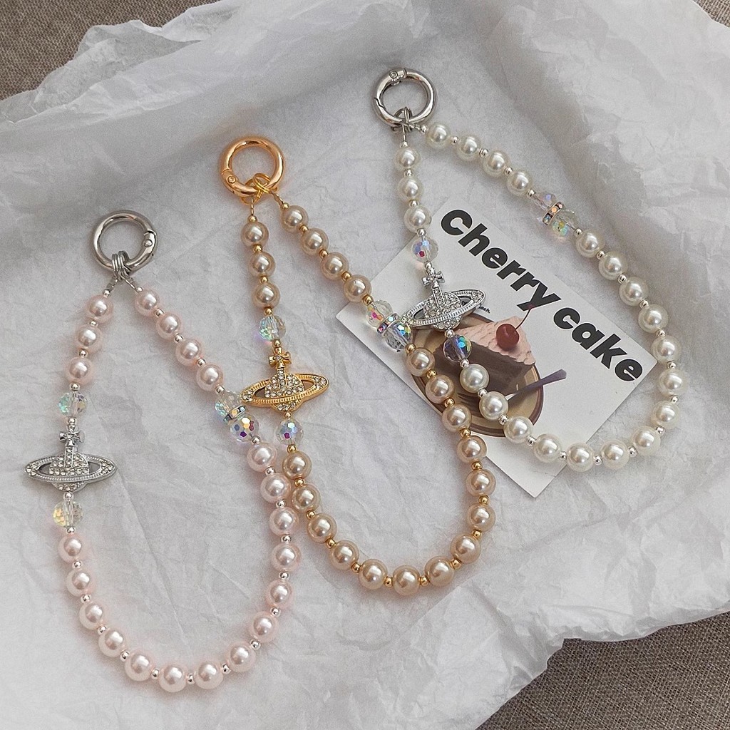 [3676 Bộ sưu tập người] Ánh sáng sang trọng cao cấp nhấp nháy kim cương Saturn Pearl Dây chuyền điện thoại di động diy Đính cườm cổ tay ngắn Dây chuyền túi Niche tinh tế Mặt dây chuyền