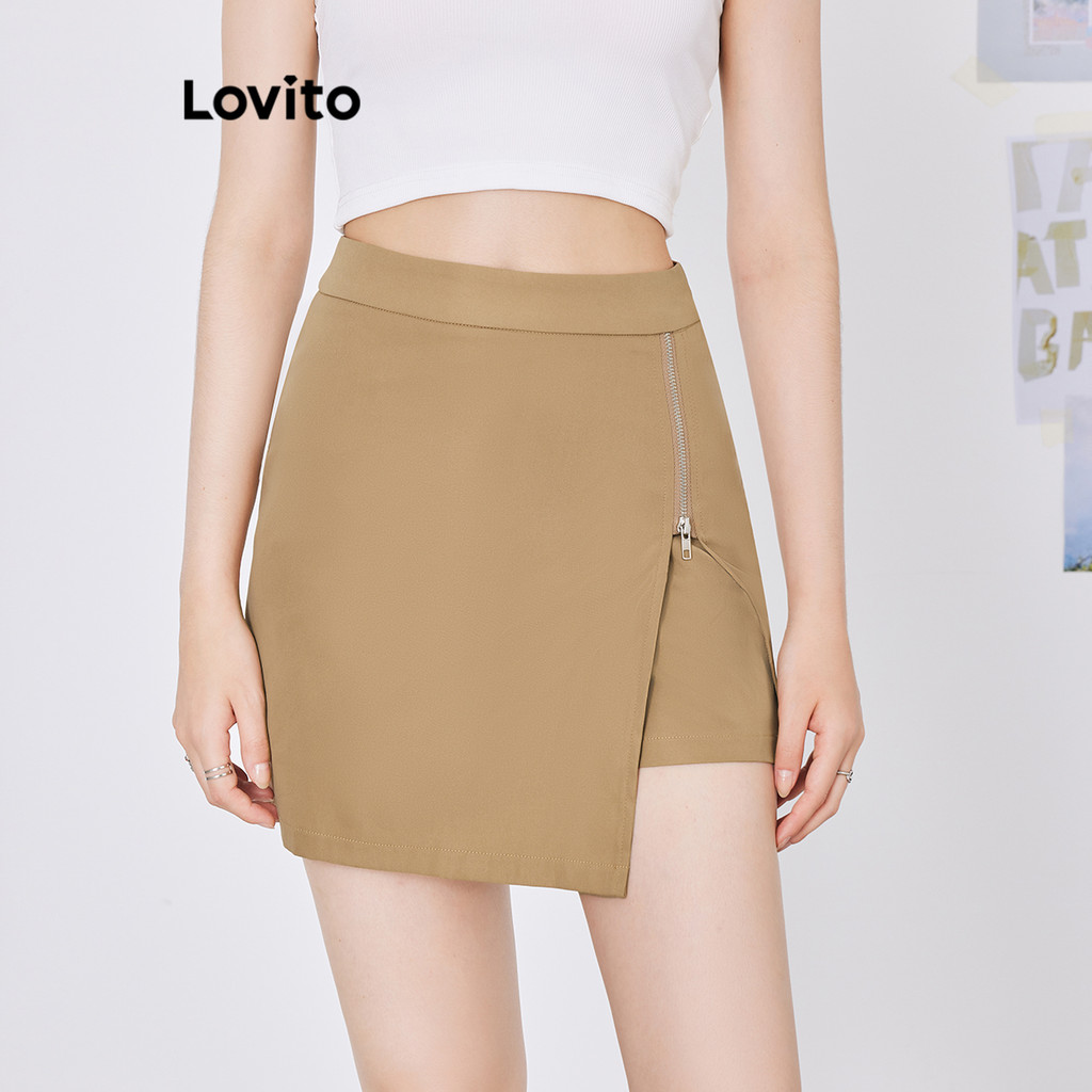 Ảnh Quần short Lovito phối dây kéo xẻ tà màu trơn phong cách preppy cho nữ L59ED161 (Kaki) 1