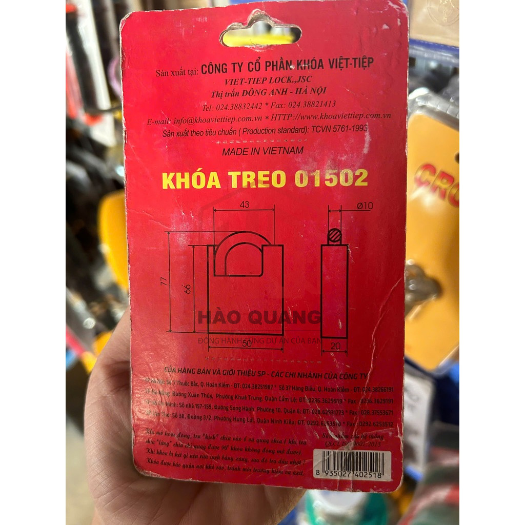 Khóa Treo Việt Tiệp 01502 - Chống Cắt Gọng Thép, Bảo Mật Cao