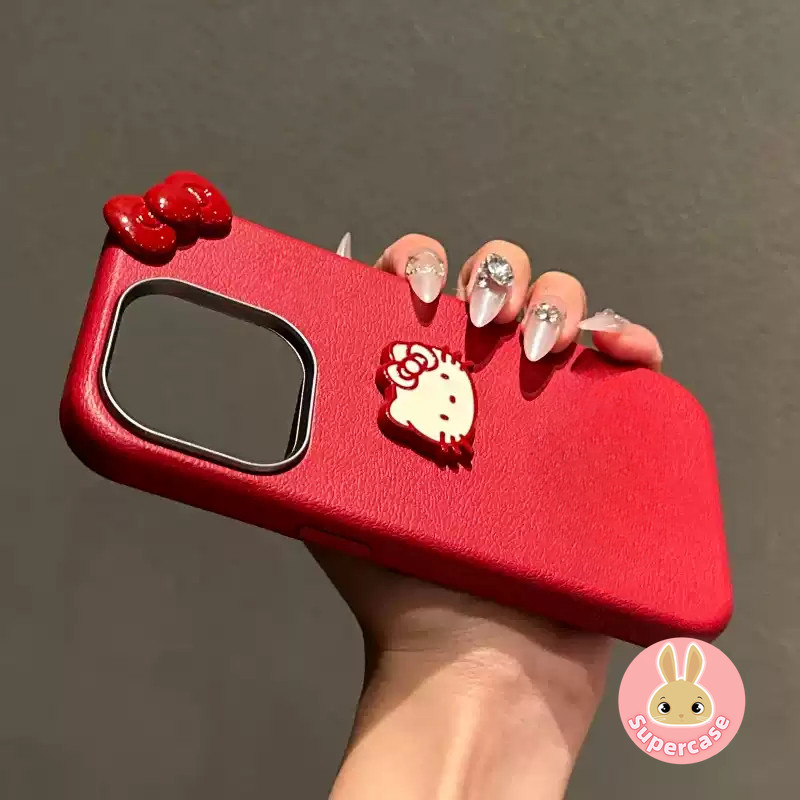 Ốp Điện Thoại Mèo Kitty Da PU Đỏ Cho Xiaomi 15 14T Pro Poco M7 X7 Pro F7 Ultra F6 M4 Pro C71 5G 4G 3D Nơ Đỏ Mèo Kitty Vỏ Mềm Chống Sốc