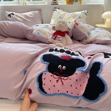 TEN BEANS bộ chăn ga gối 4 món Khăn Dễ Thương Thêu Giặt Chăn Ga Gối Cotton 1.5m 1.8m Hoạt Hình Ga Giường Chăn Vỏ Gối Bộ Bốn