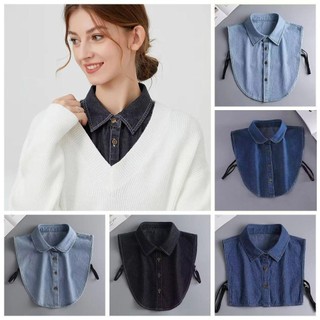 Cổ Áo Giả Denim Cho Nữ - Có Dây Cotton Điều Chỉnh,DetachableView Buttons, Màu Xanh Thời Trang