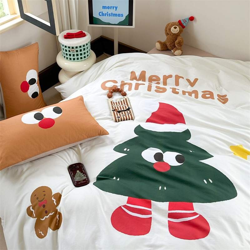 ST2 Giáng Sinh Bánh Gừng Người Cây 3IN1 Ga Trải Giường Chăn Vỏ Gối Bộ Chăn Ga Gối Nhà Phòng Ngủ Phù Hợp Với TS2