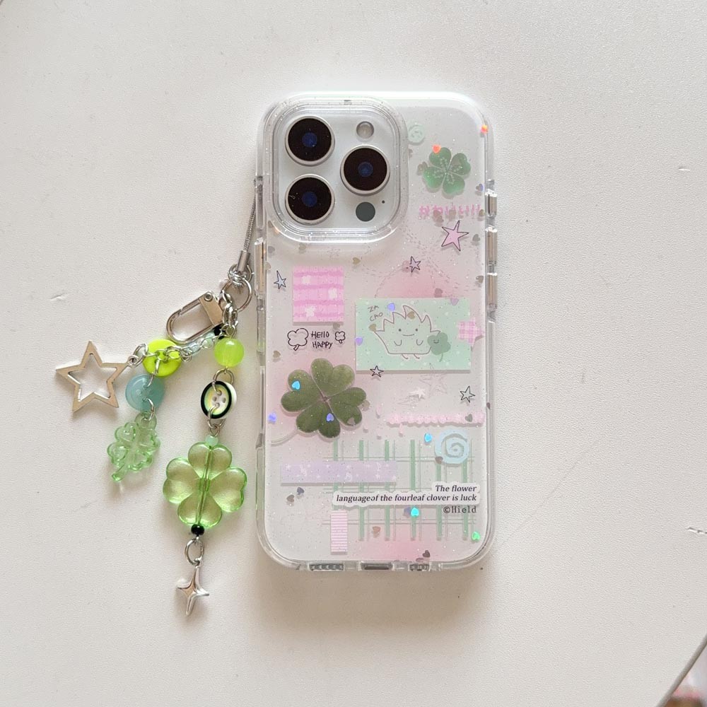Ốp lưng cứng Tương thích với iPhone 13 13Pro 13ProMax 14 14Pro 14ProMax 15 15Pro 15ProMax 16 16Pro 16ProMax 17 17Pro 17ProMax Ốp họa tiết cỏ ba lá lấp lánh tình yêu