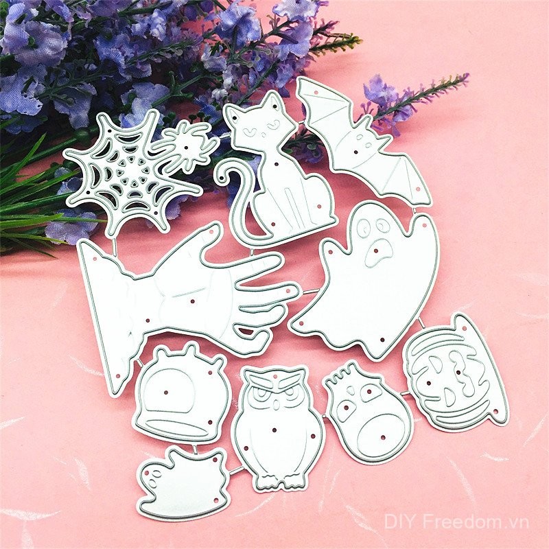 Khuôn cắt Halloween hình mèo ma, dơi, mạng nhện, khuôn cắt bằng thép carbon, khuôn dập nổi DIY, khuôn khắc, sổ lưu niệm, nghệ thuật giấy cho trẻ em
