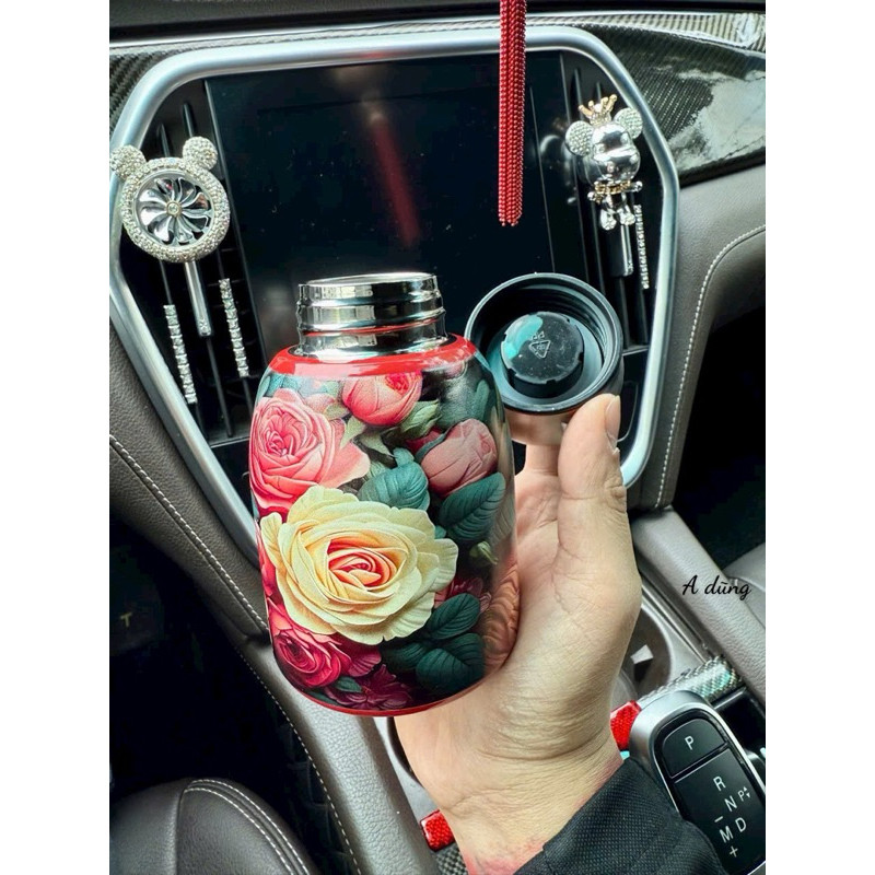 BÌNH GIỮ NHIỆT INOX MINI 300ML , CÓ QUAI XÁCH HỌA TIẾT HOA VINTAGE