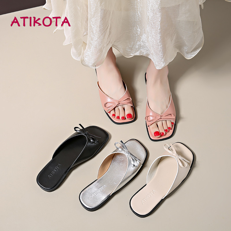 Atikota Thời Trang Nữ Sandal Đầu Vuông Nơ Mở Mũi Đi Biển Đa Năng Xăng đan Flat