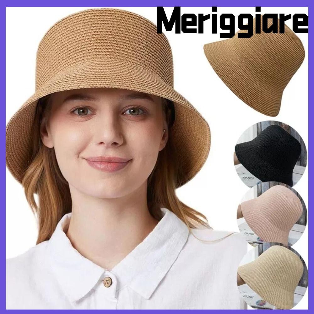 Mũ đi biển MERIGGIARE, Mũ xô rơm nữ màu trơn thoáng khí, Mũ ngư dân có vành rộng có thể gập lại