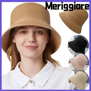 Mũ đi biển MERIGGIARE, Mũ xô rơm nữ màu trơn thoáng khí, Mũ ngư dân có vành rộng có thể gập lại