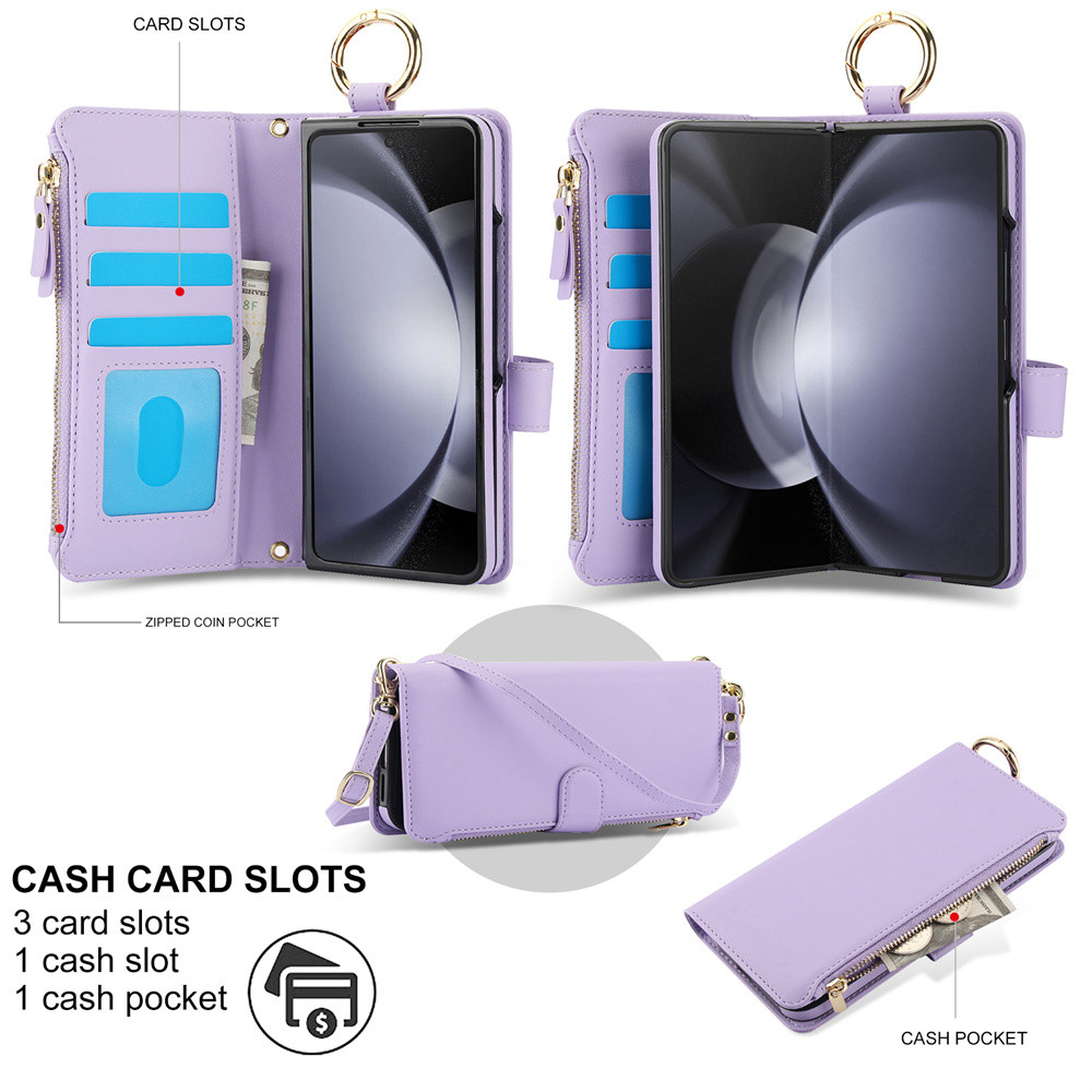 Ốp Điện Thoại Ví Đeo Ngang Cho Samsung Galaxy Z Fold 6 5 4 3 Fold6 Fold5 Fold4 Fold3 5G Thẻ Solt Giá Đỡ Vòng Da PU