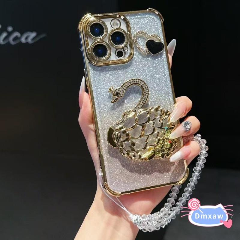 Ốp Điện Thoại Đứng Bling Swan Cho Motorola Edge 60 50 Fusion 50 Neo Pro Moto S50 G86 G72 G60S G40 Fusion G56 G05 E15 5G Vỏ Mạ Tình Yêu Màu Đen Thời Trang Có Dây Đeo Pha Lê