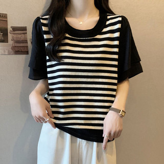 Plus Size Nữ Sọc Tay Ngắn Mùa Hè 2025 Phong Cách Mới Béo mm Bao Bụng Ôm Hơn Nhìn Voan Áo Thun Stitch