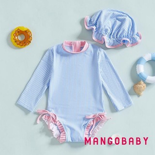 MG-Toddler Girls Rash Guard Đồ bơi có mũ 2 chiếc Bộ sọc họa tiết dài tay cổ tròn Đồ bơi bé gái