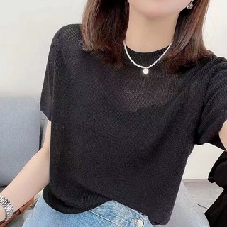 Trạm Châu Âu Mỏng Cổ Tròn Băng Lụa Dệt Kim Đơn Giản Áo Thun Nữ Tay Ngắn Thời Trang 2024 Màu Trơn Top Hợp Thời Trang