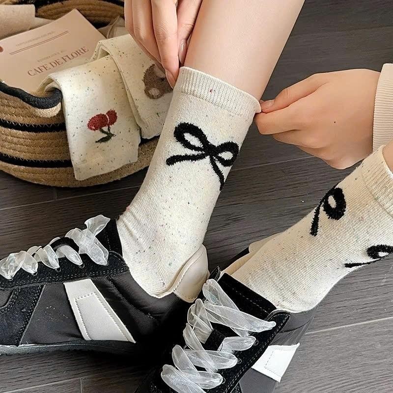 Set 10 Đôi Tất nữ cổ cao Màu Muối Tiêu Họa Tiết GẤU NƠ CHERRY siêu xinh