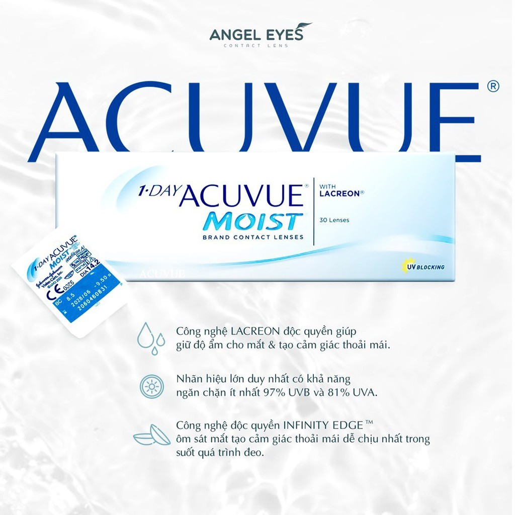Lens Cận Trong Suốt 1 Ngày Acuvue Moist Chính Hãng, Kính Áp Tròng Của Mỹ Đeo Êm, Giữ Ẩm Tốt Độ Cận 1-10