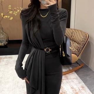 Váy ôm hông váy liền Mùa Đông Kiểu Pháp chít eo váy dài khí chất tôn dáng gầy dài tay phối bên trong 2024 mẫu mới