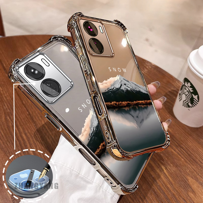 Ốp Lưng Cho vivo Y16 Bốn Góc Chống Rơi Mạ Điện Ốp Lưng Điện Thoại Thẩm Mỹ Phản Quang Nước Phong Cảnh Họa Tiết TPU Mềm
